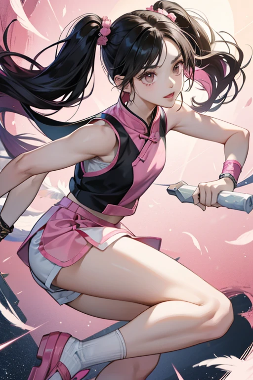 Xiaoyu is a Chinese. She wears her black hair in high pigtails with side-parted bangs. It is a pink sleeveless qípáo, with white feathers around the shoulder holes and a Chinese symbol on her chest and white shorts with black lining,. She wears pink ballet slippers with straps around her shins, and matching pink hairbands and thick glowing bracelets, SPARKLE; GLITTER