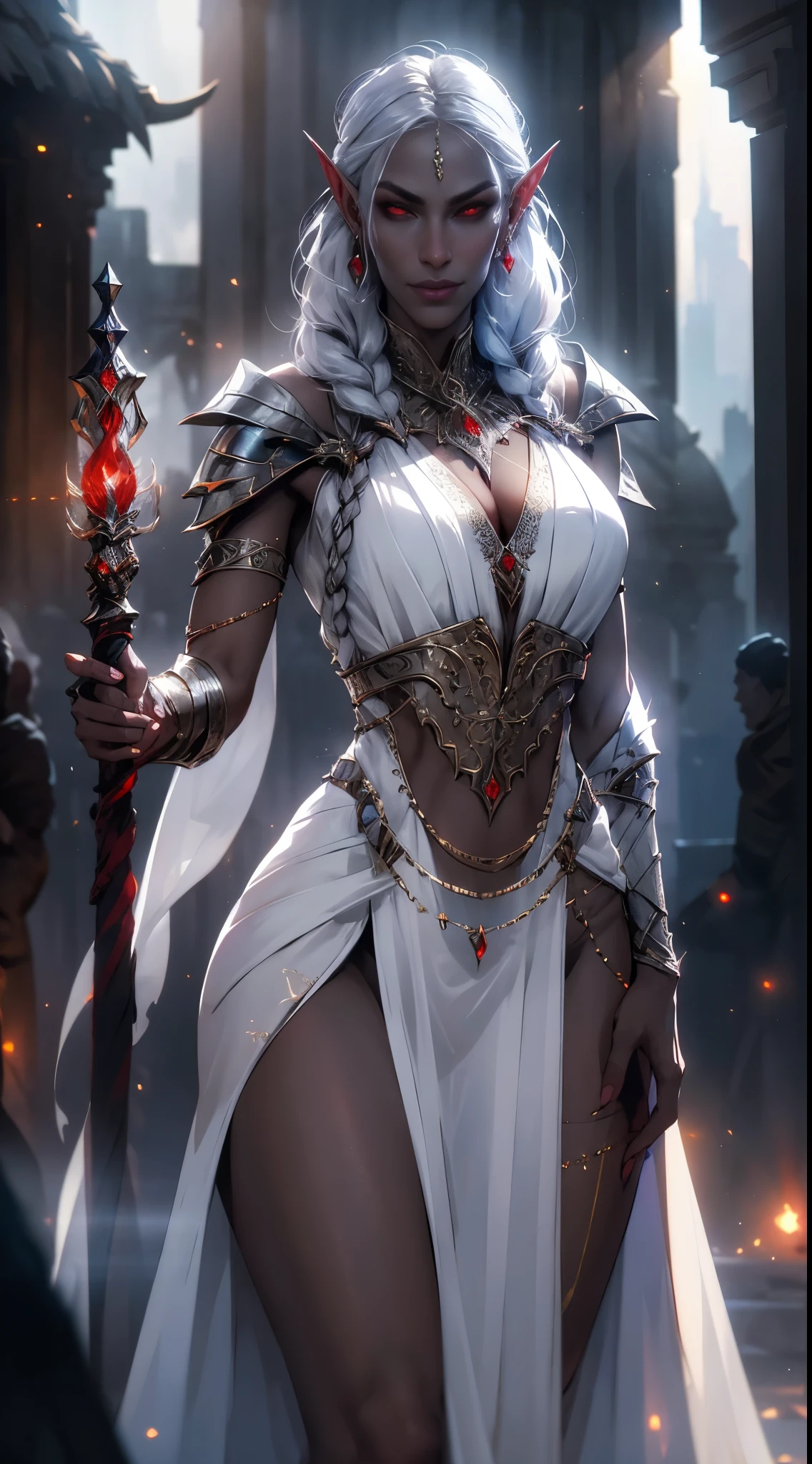 1girl, sexy drow, morena skin, pale silver long elaborate braids, ((red eyes)), jewels, elf ears, earrings, ((white sorceress sexy dress)), ((wields staff)), ((cast light magic)), on a roof of scyscraper, athletic, volumetric lighting, best quality, masterpiece, realistic, anatomically correct, (strong cinematic lighting), stunning details, intricate details, 8k post-production, High resolution, super details, trending on ArtStation, sharp focus, depth of field f/1.8, studio photos, (((looking at camera)))