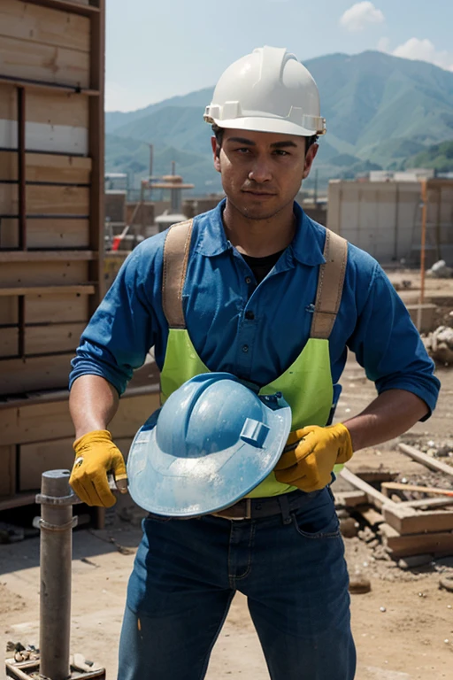 Develop an image of a worker wearing a blue hard hat in a construction scenario. The worker must be in a dynamic pose The setting must include elements typical of a construction site, como andaimes, construction materials and other workers in the background. The image should convey a sense of teamwork and determination.