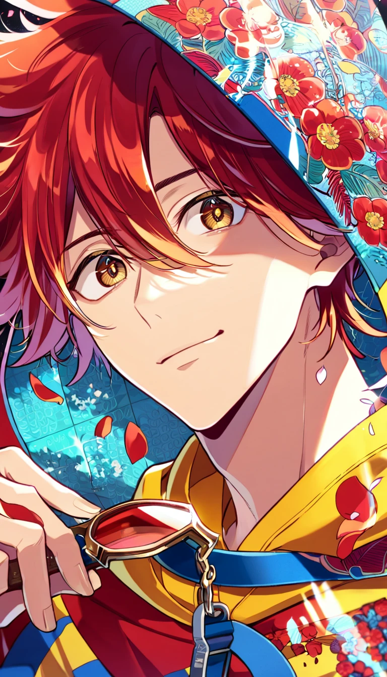Ultra detailed, Highres, absurdres, HDR, Kyan Reki, red hair, master piece, expressive brown eyes, Sk8 the infinity, blue band, red flowers, red ice, petals, extremely handsome, sexy man, perfect face, solo, very detailed eyes and face, red glass, glittering, patterns, yellow hoddie,