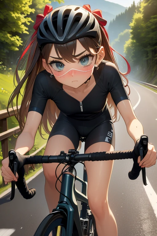 (((masterpiece))), (((best quality))), (((Ride a road bike))), downhill, steep slope, eye mask, earphone, Cycling shorts, wind, Speed line effect, alone, 1 girl, ribbon, long hair, Split, big , Shy. blush,  