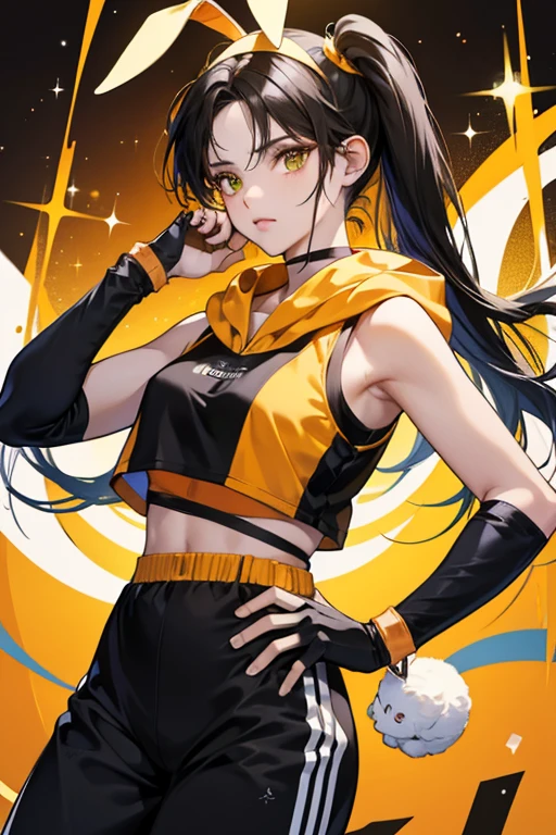 Xiaoyu is a Chinese. She wears her black hair in high pigtails with side-parted bangs. . It is sportswear consisting of a green-yellow sleeveless sporty vest with a rabbit-shaped hood and black sleeveless shirt worn under, black elbow pads, black-and-white fingerless gloves, gray-white jogging pants with black stripe designs, yellow rubber shoes, and matching orange hairbands and thick glowing bracelets. SPARKLE; GLITTER