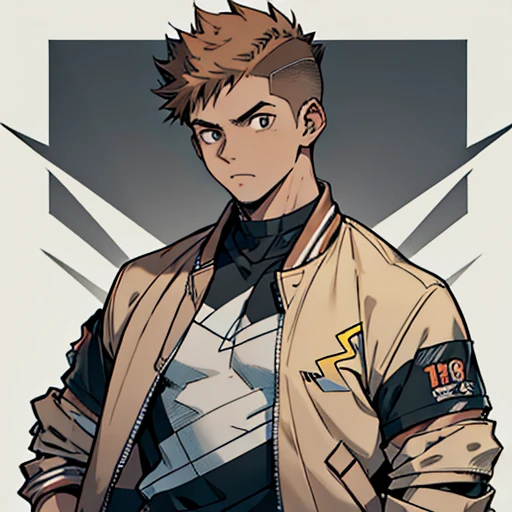  human Male  19 years old  , ((Brown fade haircut)) ,Gray shirt   , Bandage , ((wearing varsity Jacket )) , Pikachu On the back 