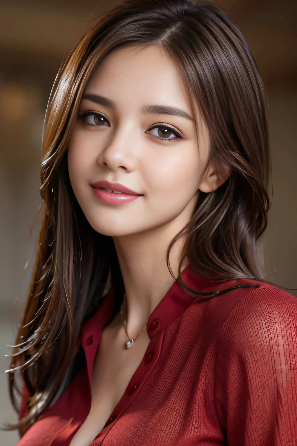 Tabletop, highest quality, Realistic, Very detailed, finely, High resolution, 8k wallpaper, One beautiful woman,, Light brown messy hair, wearing a red dress shirt with an open collar, Sharp focus, Perfect dynamic composition, Beautiful and beautiful eyes, Thinning hair, Detailed Realistic skin texture, smile, Close-up portrait, Model Body Type