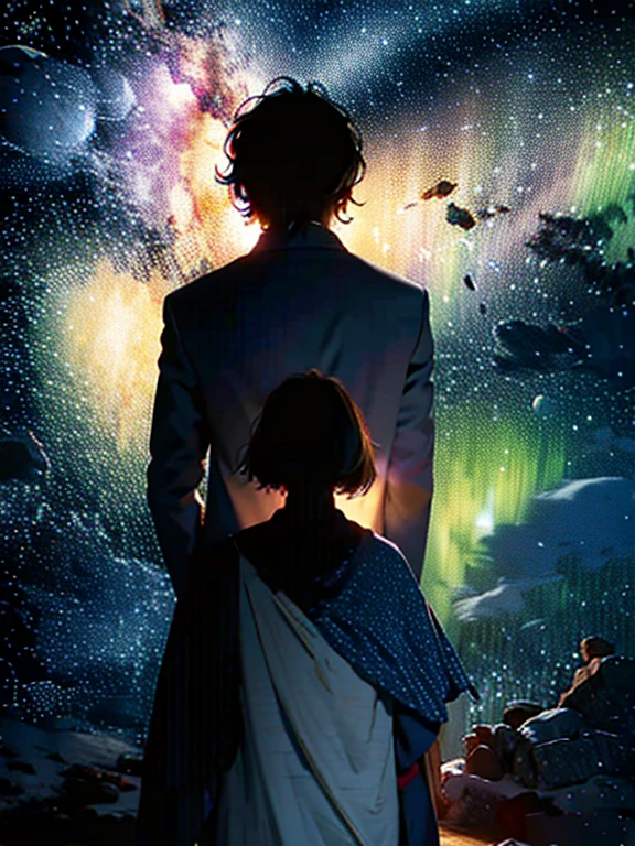 night，Star-filled sky，Couple Back，The girl rests her head on the boy's shoulder，Couple silhouette，Official Art Design