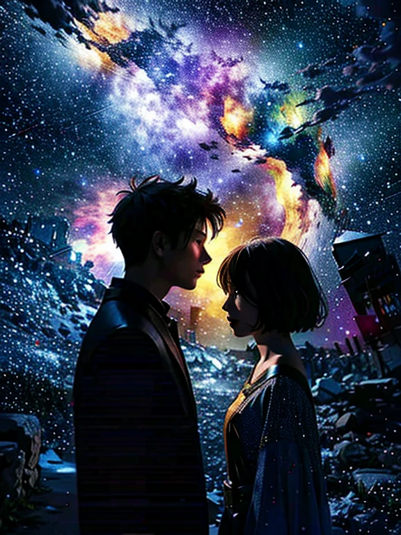 night,Star-filled sky,Couple Back,The girl rests her head on the boy's shoulder,Couple silhouette,Official Art Design