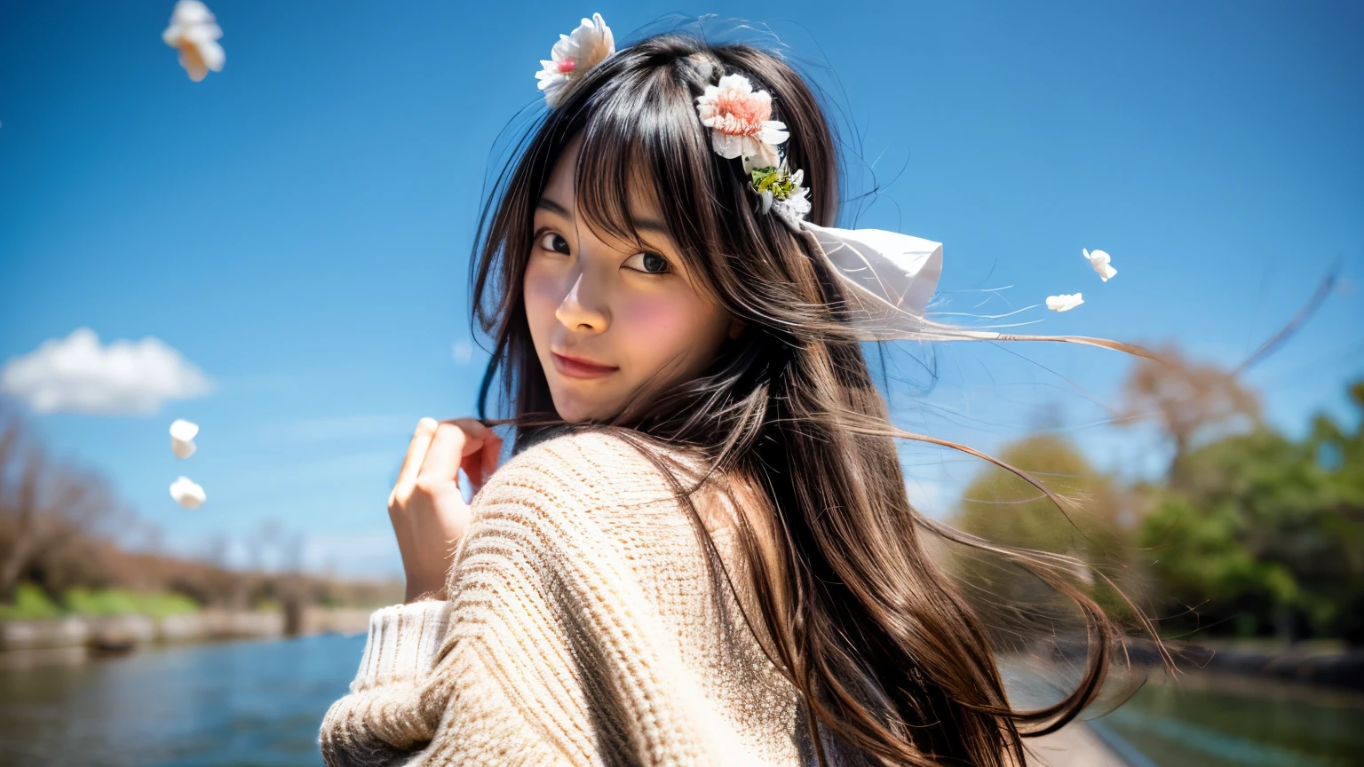 A girl walking along the river, Mix 4, sweater, pillow, lips, Open_mouth, Realistic, photograph_\(Moderate\), alone, Packed_animal, Packed_toy, Teddy_bear,(masterpiece),(photographRealistic:1.3), Very detailed, (Skin with attention to detail:1.2),(highest quality:1.0), (Ultra-high resolution:1.0), (Ulzzang-6500:0.3), Wavy fine hair, Long Hair, sunlight, (Beautiful and detailed makeup), (Sexually excited、Blushing、breathing becomes rough:1.0), Flower Theme Petals Scattered, (Flowers with a soft glow:0.5)、white hairstyle,A light yukata with a sky blue background and a white rabbit pattern。Yukata with a yellow obi。