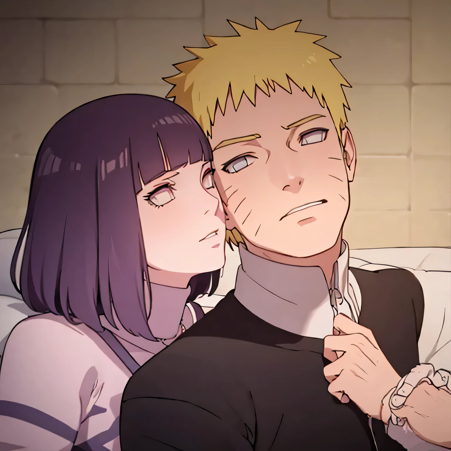 Hinata senta-se confortavelmente no colo de Naruto, creating an intimate and affectionate moment between the couple.