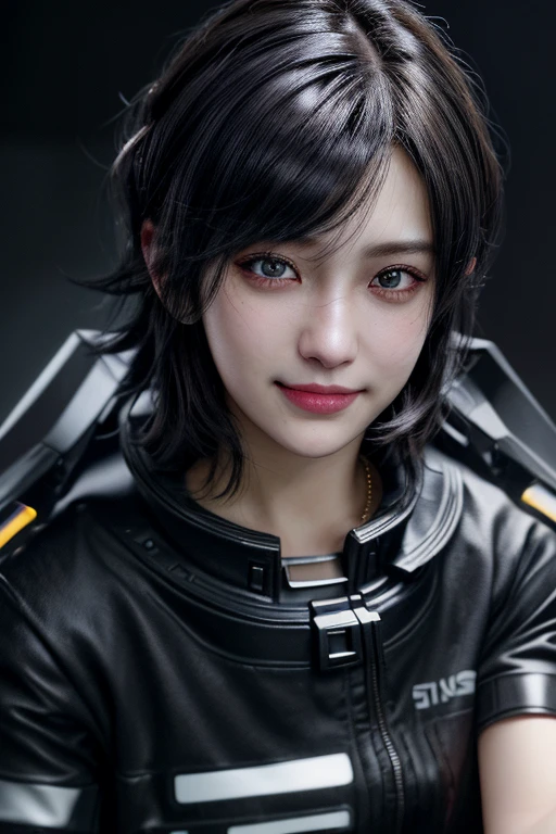 1girl,close up,potrait,black short hair,hazel eyes,sligth smile,earings,collar,headset,cybercity cloth(HD,ULTRA HD,SUPER DETAIL,HDR,16K,UNREAL ENGINE)