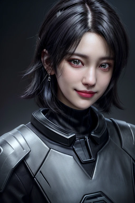 1girl,close up,potrait,black short hair,hazel eyes,sligth smile,earings,collar,headset,cybercity cloth(HD,ULTRA HD,SUPER DETAIL,HDR,16K,UNREAL ENGINE)
