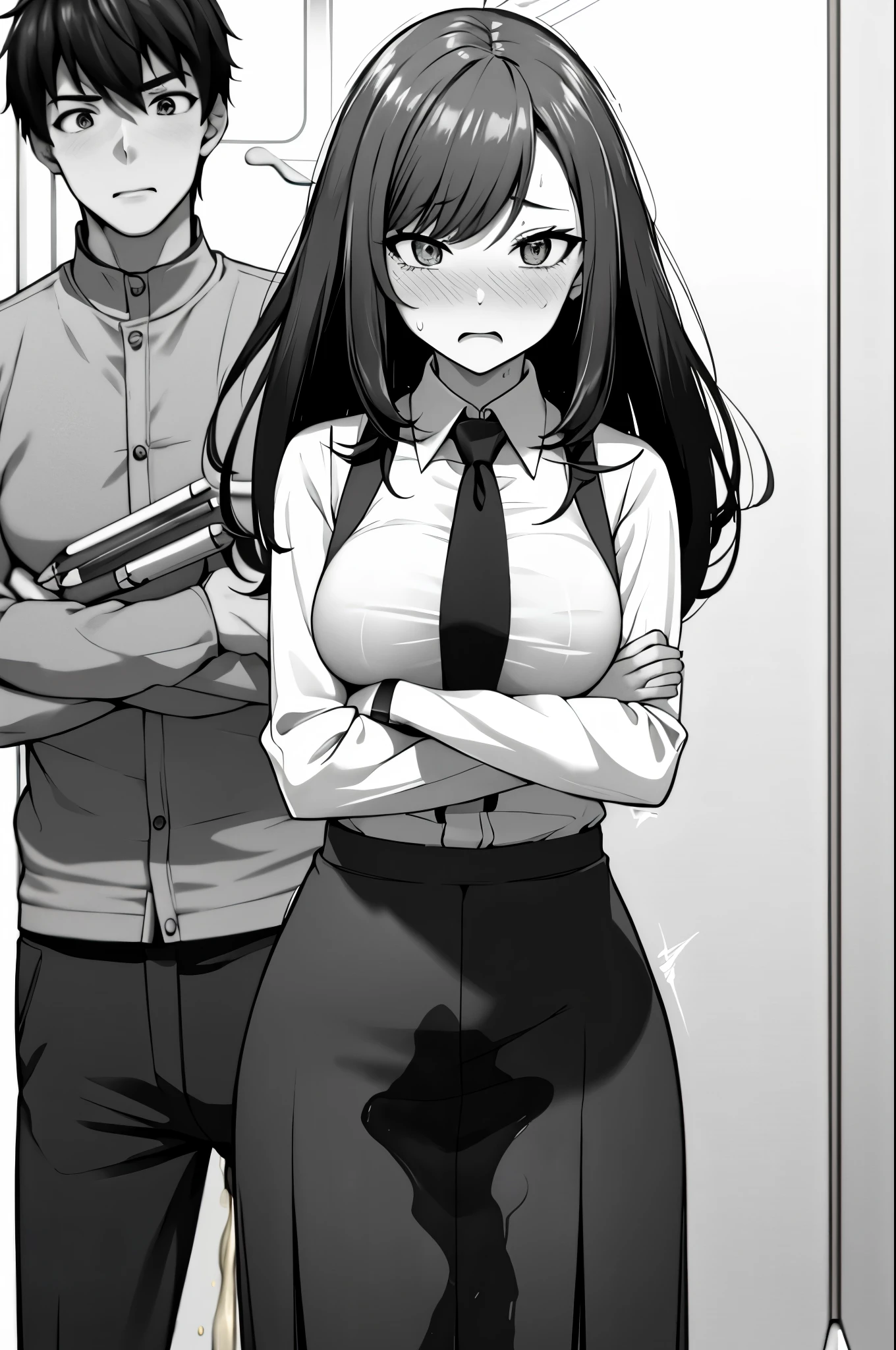 A woman with long black hair, wearing a business outfit consisting of a suit, (pencil skirt:1.5), and pantyhose, stands in a monochrome setting. The artwork is inspired by manga and incorporates a doujin style. The woman appears to be (wetting herself:1.5), which causes her to feel embarrassed and humiliated, resulting in a blush on her face. In addition, there is an air of anger in her expression. The lighting in the scene is moody, with a spotlight highlighting the woman's figure. She is crossing her arms, (arms crossed:1.5), fully showcasing her skirt., medium breasts