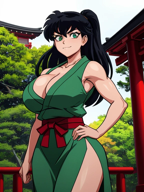 masterpiece, best quality, 1girl, solo, Kagome Higurashi, 25 years old, matured face, beautiful detailed eyes, ultra detailed eyes, extremely detailed face, large breasts, cleavage, very busty, big hips, strong muscles, athletic physique, She stands tall while wearing a green Kunoichi dress. she's looking directly at the camera with an confident smirk. Her gaze is both alluring and fierce as she is in a fighting stance. cowboy shot, Perfect Anatomy,(Professional Lighting), 4k textures, epic artistic, sharp focus, even lighting, insane details, intricate details, hyperdetailed, rich colors, BREAK Outdoors, forest, Japanese architecture in the background
