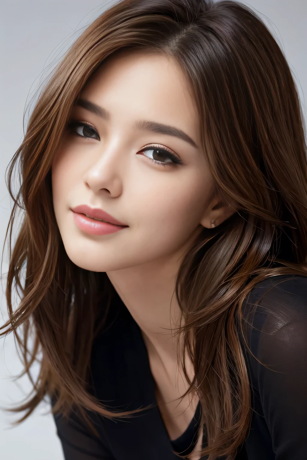 Tabletop, highest quality, Realistic, Very detailed, finely, High resolution, 8k wallpaper, One beautiful woman,, Light brown messy hair, He is wearing a black see-through open-necked shirt.。........, Sharp focus, Perfect dynamic composition, Beautiful and detailed, Thinning hair, Detailed Realistic skin texture, smile, Close-up portrait, Model Body Type、president&#39;secretary、mini skirt、High heels、