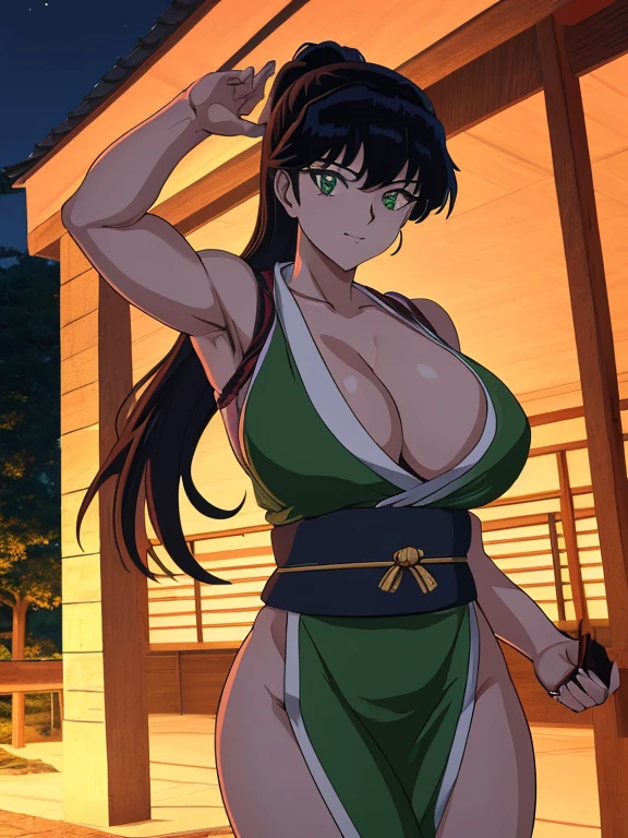 masterpiece, best quality, 1girl, solo, Kagome Higurashi, 25 years old, matured face, beautiful detailed eyes, ultra detailed eyes, extremely detailed face, large breasts, cleavage, very busty, big hips, strong muscles, athletic physique, She stands tall while wearing a green Kunoichi dress. she's looking directly at the camera with an confident smirk. Her gaze is both alluring and fierce as she is in a fighting stance. cowboy shot, Perfect Anatomy,(Professional Lighting), 4k textures, epic artistic, sharp focus, even lighting, insane details, intricate details, hyperdetailed, rich colors, BREAK Outdoors, forest, Japanese architecture in the background
