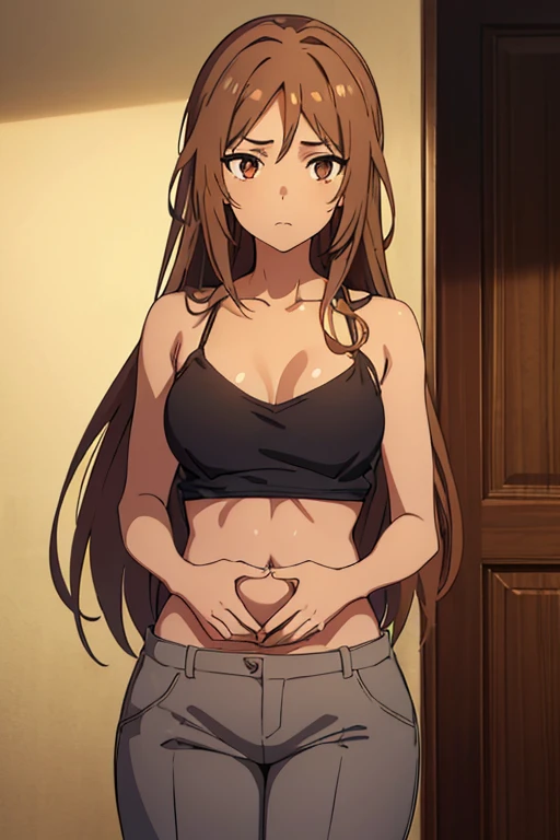 ((best quality)), ((masterpiece)), perfect face, brown skin anime girl in a deep V Neck Spaghetti Strap Cami Top, (trousers), famished in hunger, (gently resting hands on stomach), (long hair), (hands on her stomach)