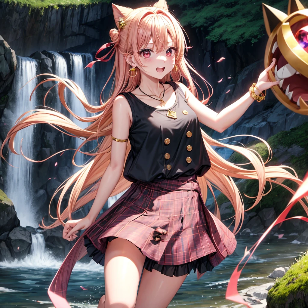 Pink gold golden hair、Red eyes、One good looking girl、solo、anime、Checkered mini skirt、The skirt has buttons、Black camisole、Black T-shirt、hoodie、Wearing a ribbon、Ribbon on waist、Crystal Earrings、Gemstone Necklace、Light and shadow、Tilting face、Teeth are visible、waterfall、Torrent、tunnel、Sunset sky、light、flash、moss、isolated island、Hell's Gate、Blue flame