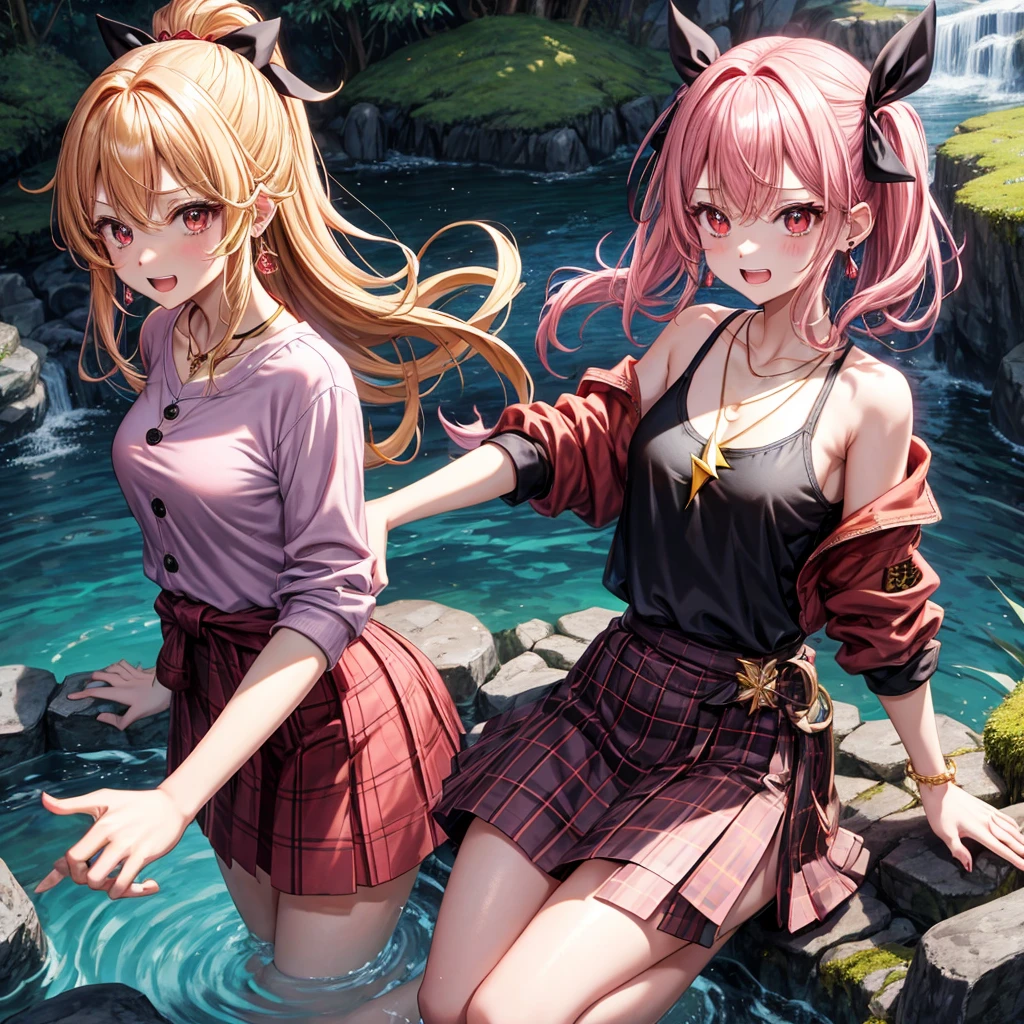 Pink gold golden hair、Red eyes、One good looking girl、solo、anime、Checkered mini skirt、The skirt has buttons、Black camisole、Black T-shirt、hoodie、Wearing a ribbon、Ribbon on waist、Crystal Earrings、Gemstone Necklace、Light and shadow、Tilting face、Teeth are visible、waterfall、Torrent、tunnel、Sunset sky、light、flash、moss、isolated island、Hell's Gate、Blue flame