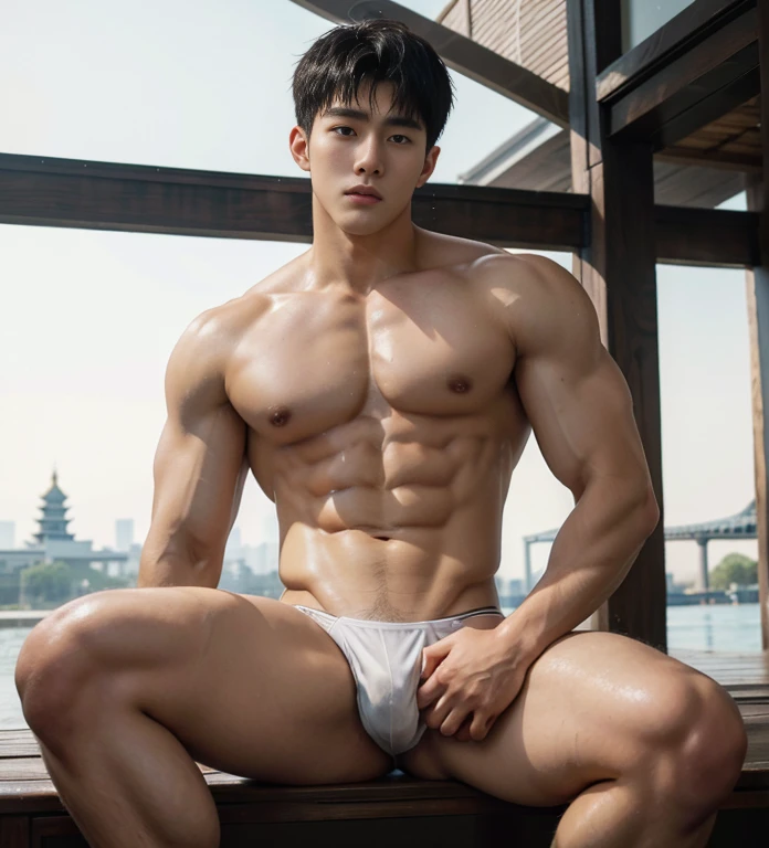 1 handsome Chinese guy，wet body, wet hair, detailed water on body, 18-year-old male high school student，majestic，Who is Shi Yu?, Li Yuanbin, Kim Hyung Tae, Kim Hyung Tae, Yin Shishan, Wang Yi Bao, Handsome Chinese strong sport  guy，Broad shoulders and narrow waist，big chest abs, A handsome guy wearing white brief, wet skinny brief, transperent underwear ( see through)，Form-fitting fabric contours the bust, bare chest，in a buddism pagoda， statues background, detailed background, hands tied behind back，Hands tied behind the back，hands tied top of the head，Masculine and sexy，High，Muscles look good，manly, hairy body，Wheat complexion，black eyes（thin eyes 1：3），whole body image, bare butts, nice butts, big bulge , long big dick, perfect dick, open legs