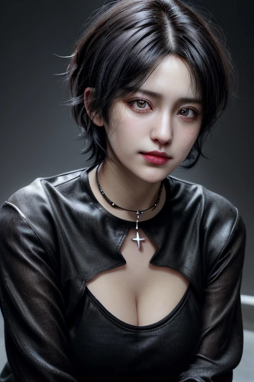 1girl,close up,potrait,black short hair,hazel eyes,smirk,earings,collar,medium bosom(HD,ULTRA HD,SUPER DETAIL,HDR,16K,UNREAL ENGINE)