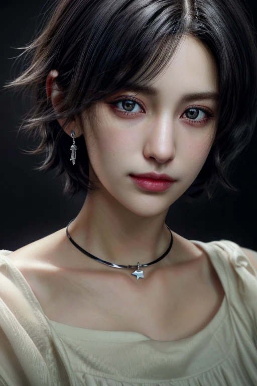 1girl,close up,potrait,black short hair,hazel eyes,smirk,earings,collar,medium bosom(HD,ULTRA HD,SUPER DETAIL,HDR,16K,UNREAL ENGINE)