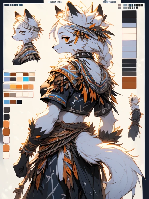 ( Absurdly , High quality , ultra detailed ) ,( hand detailed ) , 1girl, solo, mature, (concept art, character sheet), absurdres(highly detailed beautiful face and eyes)perfect anatomy Solo, sfw, Young Female white fox-cat (((lean-body))) (((breasts))) (short snout),(((fur (black stripe) between neck and shoulder towards chest))) ((fur (black stripes) on waist))(ears are darker), (heterochromia (orange, violet)), (cat tail (black at end)), (white hair (single-braided)), (fantasy adventure type clothing ((violet shirt (crop top))), (navy-blue belt) khaki pants)), happy ((looking at viewer)) ((Female wolf)) (detailed eyes) (clevedge, (collarbone, shoulders), (solo, (1girl)) ((((fluffy white fur)))) ((extremely detailed fur)) (violet crop top) ((hair in face)) (big braid), sfw, (thin long tail) (heterochromia) (extremely detailed eyes) joyful (((concept art, character sheet, (multiple views)))) ((adventure fantasy, snow tribal clothing)) (snow tribe clothing)