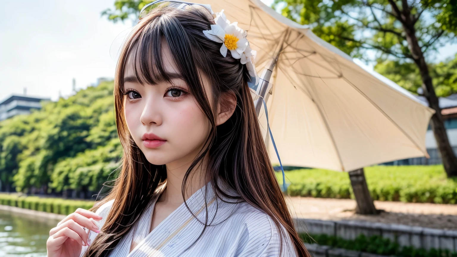 A girl walking along the river, Mix 4, sweater, pillow, lips, Open_mouth, Realistic, photograph_\(Moderate\), alone, Packed_animal, Packed_toy, Teddy_bear,(masterpiece),(photographRealistic:1.3), Very detailed, (Skin with attention to detail:1.2),(highest quality:1.0), (Ultra-high resolution:1.0), (Ulzzang-6500:0.3), Wavy fine hair, Long Hair, sunlight, (Beautiful and detailed makeup), (Sexually excited、Blushing、breathing becomes rough:1.0), Flower Theme Petals Scattered, (Flowers with a soft glow:0.5)、white hairstyle,A light yukata with a sky blue background and a white rabbit pattern。Yukata with a yellow obi, tokyo