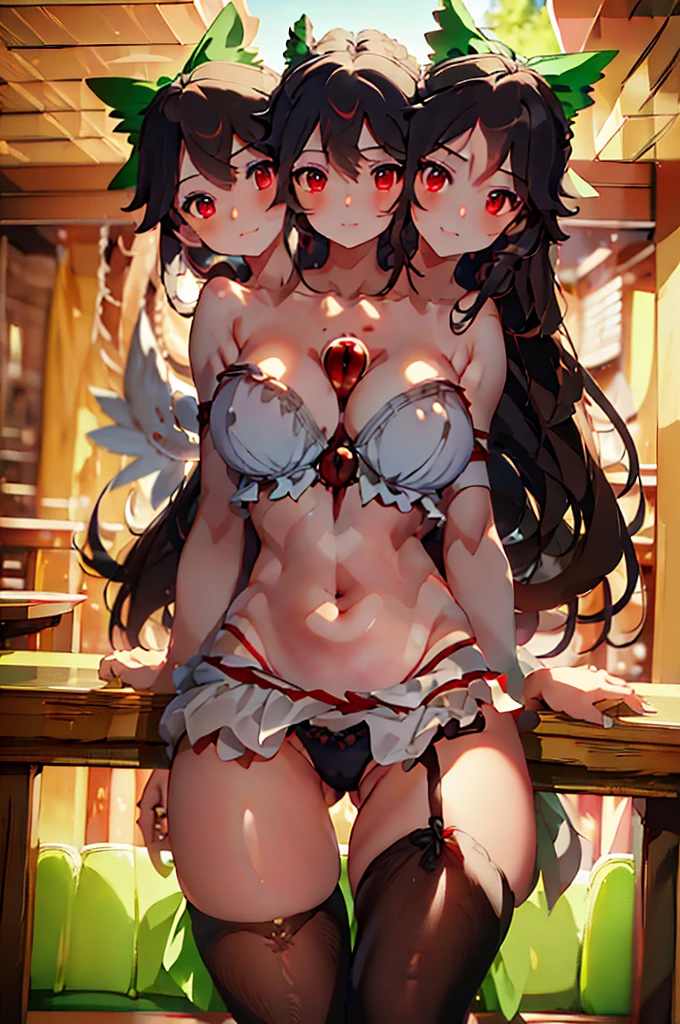 (masterpiece, best quality), best quality, (ultra-detailed), (3heads:1.5), 1girl, (reiuji utsuho:1.3), masterpiece, best quality, ultra quality, ultra resolution, ultra detail, white top, crop top, ((stomach)), midriff, ((groin)), dark green skirt, normal ears, shackles, black hair, very long hair, wavy hair, sidelocks, red eyes, detailed eyes, parted lips, sweat, cute, toned belly, hand on own chest, eyelashes, (23 year old woman:1.3), (masterpiece:1.5), (best quality:1.5), (beautiful detailed), extremely detailed CG, extremely delicate and beautiful, depth of field, (finely detailed face), (perfect details:1.2), (mature female:1.3), wide pelvis, slender, large veiny breast, 16k resolution, highres, high quality, high definition, extremely detailed, masterpiece, best quality, black hair, long hair, alluring presence, braid, short skirt, close up, big tits, young, green bow, hair bow, wings, midriff, nsfw,
