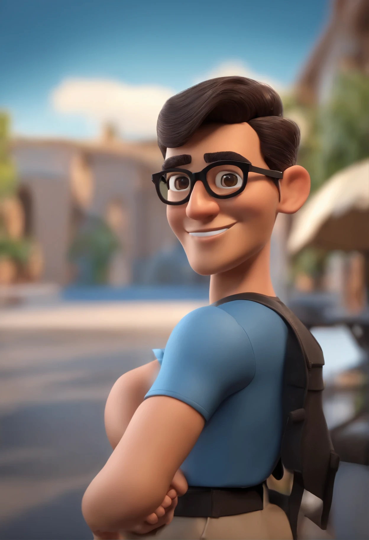 Cartoon character of a man in black glasses and blue shirt, um personagem animado, Caractere estilizado, animation style rendering, 3D estilizado, Arnold Maya rendering, Stylized 3D rendering, toon render screenshot, Personagem 3D, Personagem 3D, Stylized 3D rendering, 3D character rendering, personagem de desenho animado, Personagem de close up, Pose de personagem, (Estilo Pixar) (parte mestre:1.2) (Bokeh) (melhor qualidade) (pele detalhada) (textura detalhada) (8k) (argila) (cinematic lighting) (sharp focus，Senta e vaza a parte superior do corpo