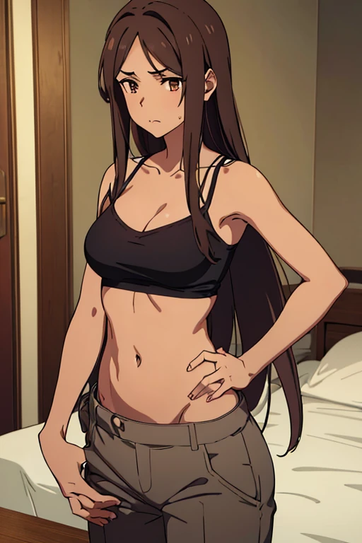 ((best quality)), ((masterpiece)), perfect face, brown skin anime girl in a deep V Neck Cami Top, (trousers), famished in hunger, (gently resting hands on stomach), (long hair), (hands on her stomach)