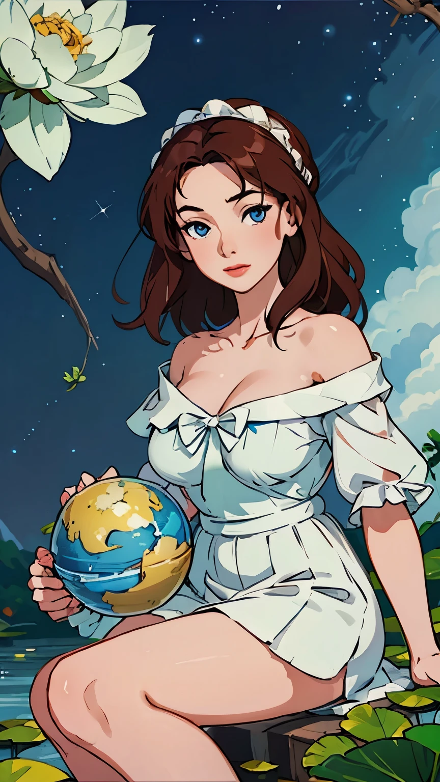 Korean woman age 29, ((Sitting in a clear river with many lotus flowers)), ((big star)), Lotus flowers in the stream, ((Sky background with a big globe.)), Clip-in hairstyle, ((Roman frame)), Off shoulder dress, starry upper tribute, ((On the back there is a large globe on the head.)), clear earth and clouds, cloud frame, Beautiful hands, colored fluorescent butterfly