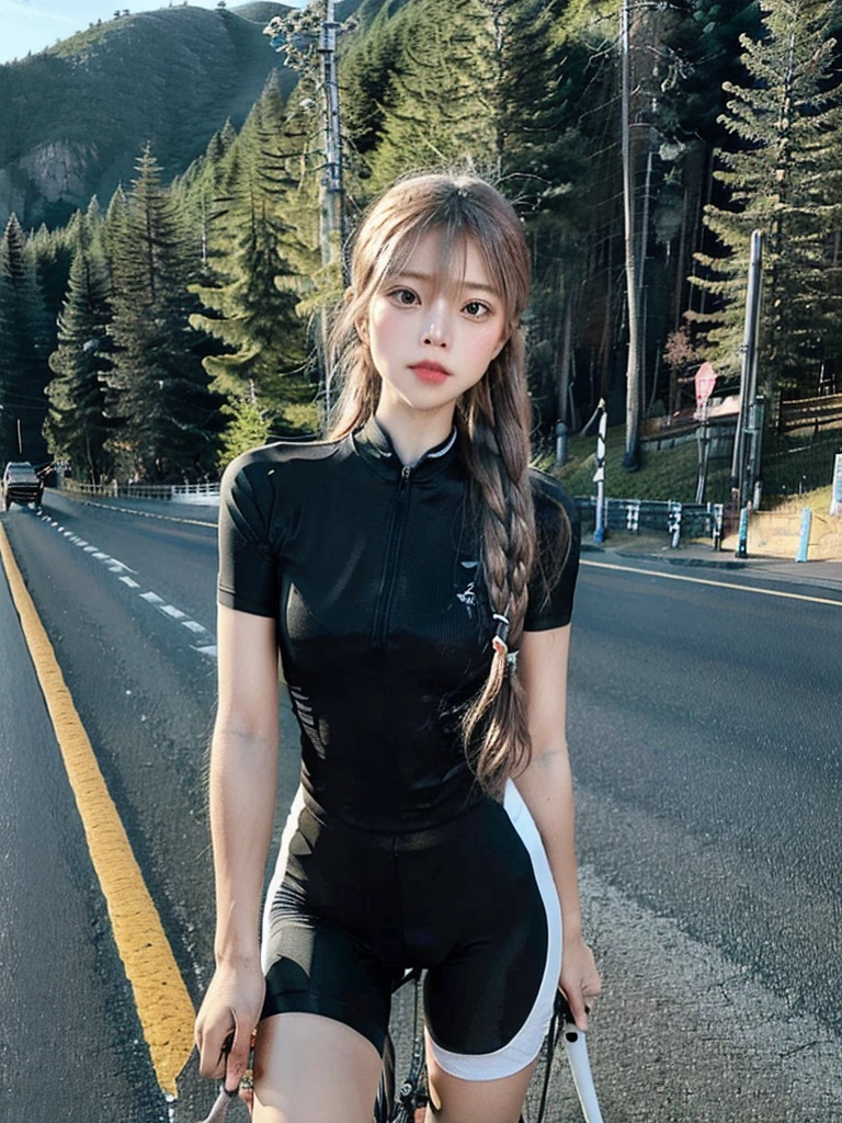 (((masterpiece))), (((best quality))), (((Ride a road bike))), downhill, steep slope, eye mask, earphone, Cycling shorts, wind, Speed line effect, alone, 1 girl, ribbon, long hair, Split, big , Shy. blush,