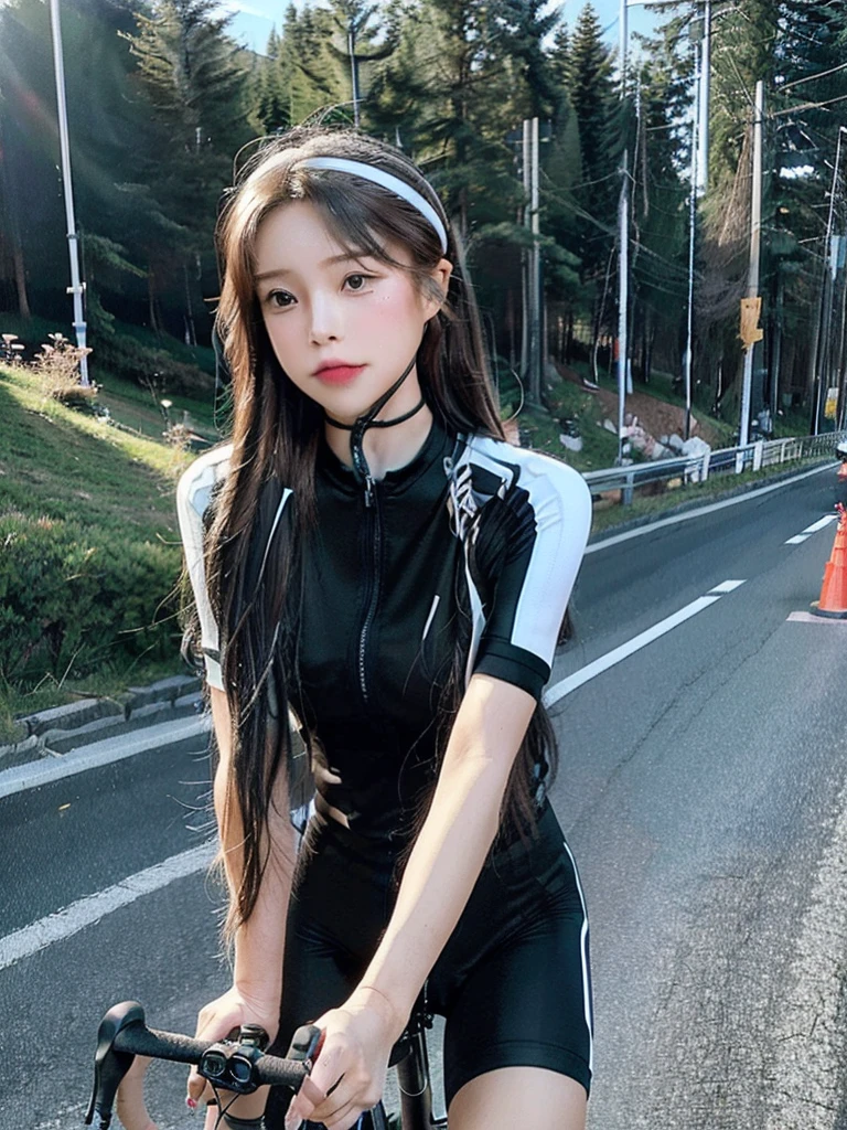 (((masterpiece))), (((best quality))), (((Ride a road bike))), downhill, steep slope, eye mask, earphone, Cycling shorts, wind, Speed line effect, alone, 1 girl, ribbon, long hair, Split, big , Shy. blush,