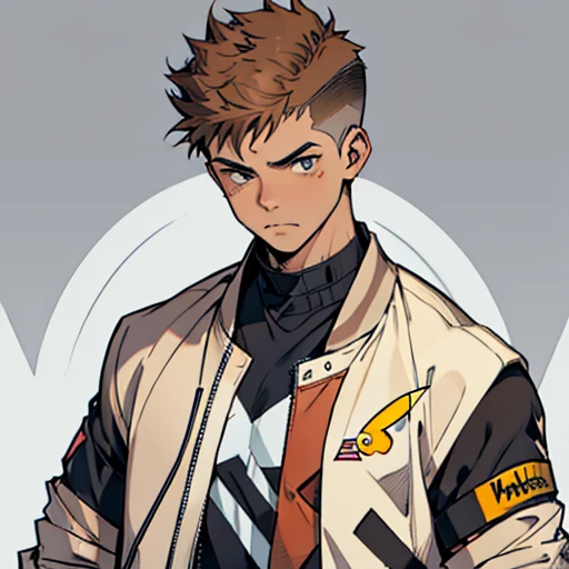 human Male 19 years old , ((Brown fade haircut)) ,Gray shirt , Bandage , ((wearing varsity Jacket )) , Pikachu On the back