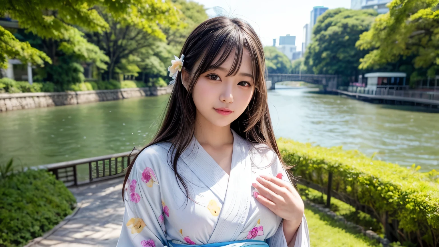 A girl walking along the river, Mix 4, sweater, pillow, lips, Open_mouth, Realistic, photograph_\(Moderate\), alone, Packed_animal, Packed_toy, Teddy_bear,(masterpiece),(photographRealistic:1.3), Very detailed, (Skin with attention to detail:1.2),(highest quality:1.0), (Ultra-high resolution:1.0), (Ulzzang-6500:0.3), Wavy fine hair, Long Hair, sunlight, (Beautiful and detailed makeup), (Sexually excited、Blushing、breathing becomes rough:1.0), Flower Theme Petals Scattered, (Flowers with a soft glow:0.5)、white hairstyle,A light yukata with a sky blue background and a white rabbit pattern。Yukata with a yellow obi, tokyo