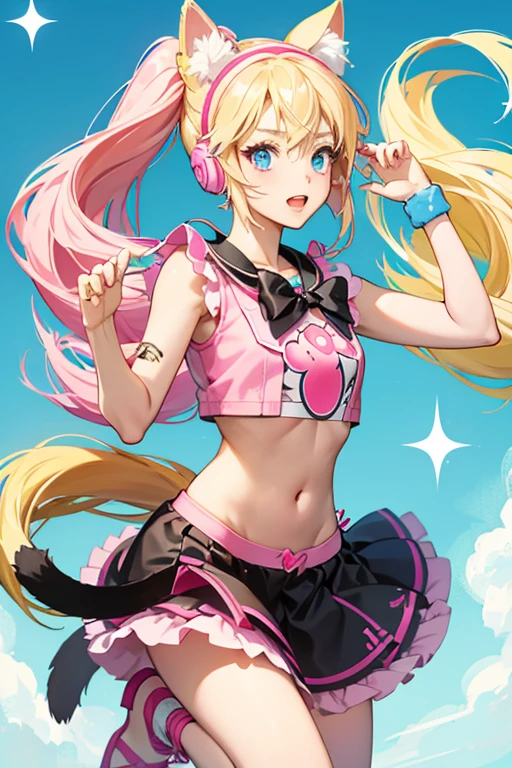 Lucky Chloe is shown to have long, possibly ankle-length blonde hair tied into two mid-centered ponytails. She has blue eyes and she appears to sport neko-inspired clothing, such as pink headphones with a cat ear design and a black tail attached above her skirt. SPARKLE; GLITTER