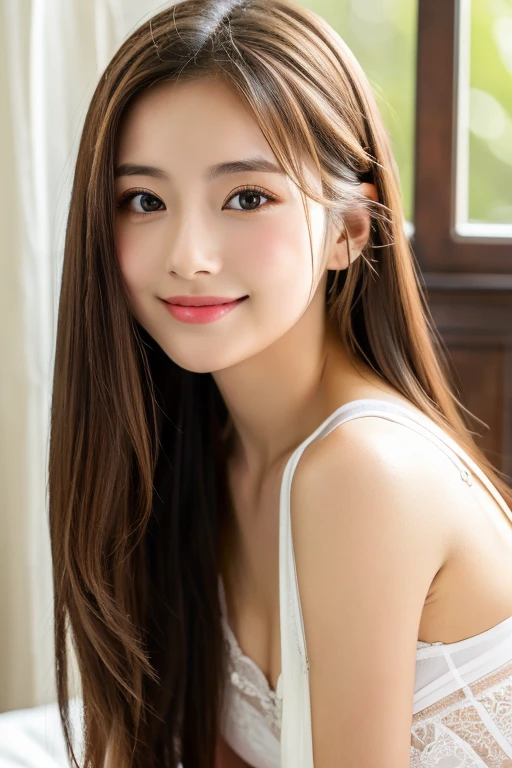(((8k,Attention to detail,Attention to detail、highest quality,masterpiece,Attention to detail,))),RAW Photos & Realistic atmosphere,beautiful黒い瞳,Mouth Details,Glossy Lips,Thin eyebrows,beautiful Eyes、Soft white skin that shines in every detail、彼女の深い黒色の目はとてもbeautifulです, とてもbeautiful顔,とてもbeautiful顔、Lively Faces,beautiful, Glowing Lips,beautiful Eyebrows,Infinite Reality, Realistic Young Gravure Idol,Very cute woman , Young Gravure Idol, Young Gravure Idol, とても美しくてかわいいbeautiful 21 year old 美女,Incredibly beautiful and elegant,beautiful 21 year old 美女,Natural soft light,A little brown hair,(Shiny Hair,,beautiful and kind eyes:1.5),A kind smile,Shapely breasts,Medium Long Hair,beautiful posture,No makeup,Watching the Future,Red underwear,On the bed,