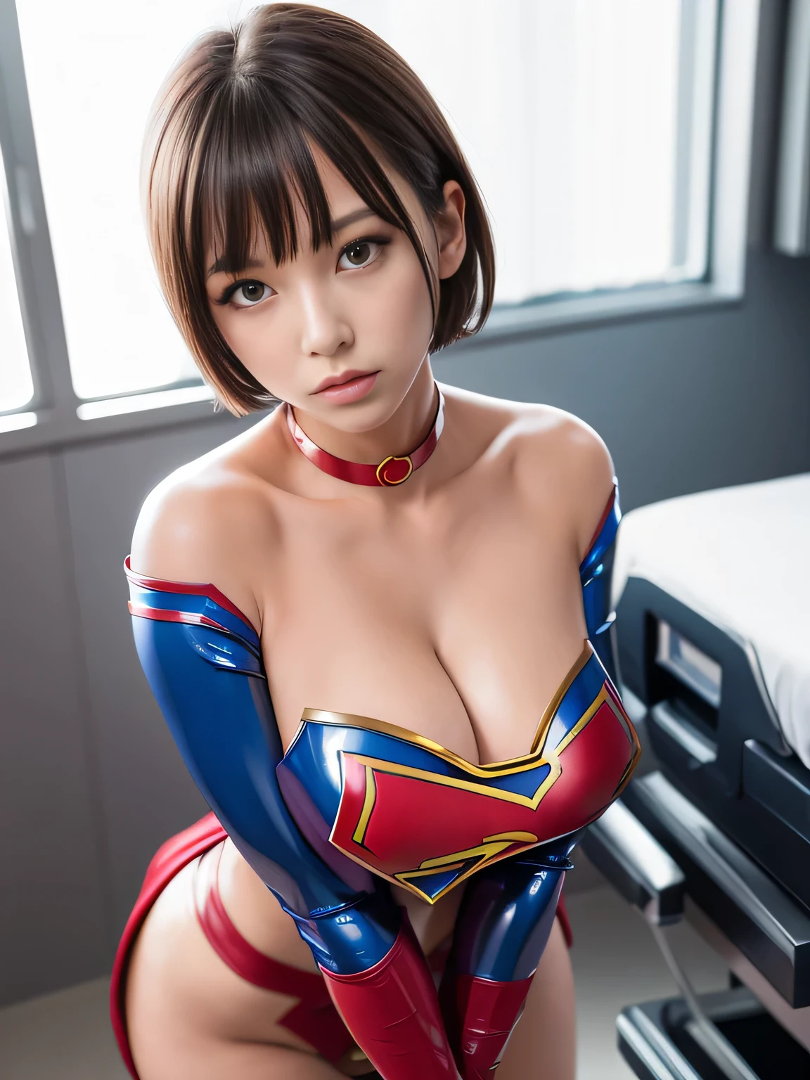 masterpiece、Enamel Supergirl Costume、Short Hair、Hospital operating table、Crisis situation、Big and ample breasts、looking at the camera、Shiny、Off the shoulder、choker、Long sleeve、Red exy poses to seduce、Sweaty、Model Body Type、Alluring、charm、Enchanting、abused、test subject、victim、Wild、Photorealistic、latex、