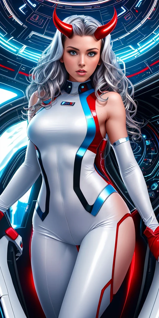 woman in her 20s (perfect face), defined jawline, beautiful lips (beautiful bright blue eyes) (long wavy bouncy silver hair) (RED skin:1.3) (perfect anatomy) (athletic body) (y) (perfect hands) (oni horns) (white futuristic sleeveless body suit, RED accents), (looking at viewer), (medium shot photograph), (spaceship coc background) photorealistic