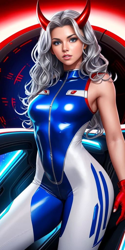 woman in her 20s (perfect face), defined jawline, beautiful lips (beautiful bright blue eyes) (long wavy bouncy silver hair) (RED skin:1.3) (perfect anatomy) (athletic body) (sexy) (perfect hands) (oni horns) (white futuristic sleeveless body suit, RED accents), (looking at viewer), (medium shot photograph), (spaceship cockpit background) photorealistic