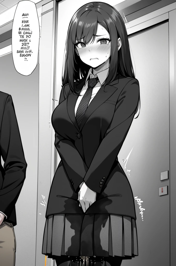 A woman with long black hair, wearing a business outfit consisting of a suit, pencil skirt, and pantyhose, stands in a monochrome setting. The artwork is inspired by manga and incorporates a doujin style. The woman appears to be (wetting herself:1.5), which causes her to feel embarrassed and humiliated, resulting in a blush on her face. In addition, there is an air of anger in her expression. The lighting in the scene is moody, with a spotlight highlighting the woman's figure. She is crossing her arms, (arms crossed:1.5), fully showcasing her skirt., medium breasts