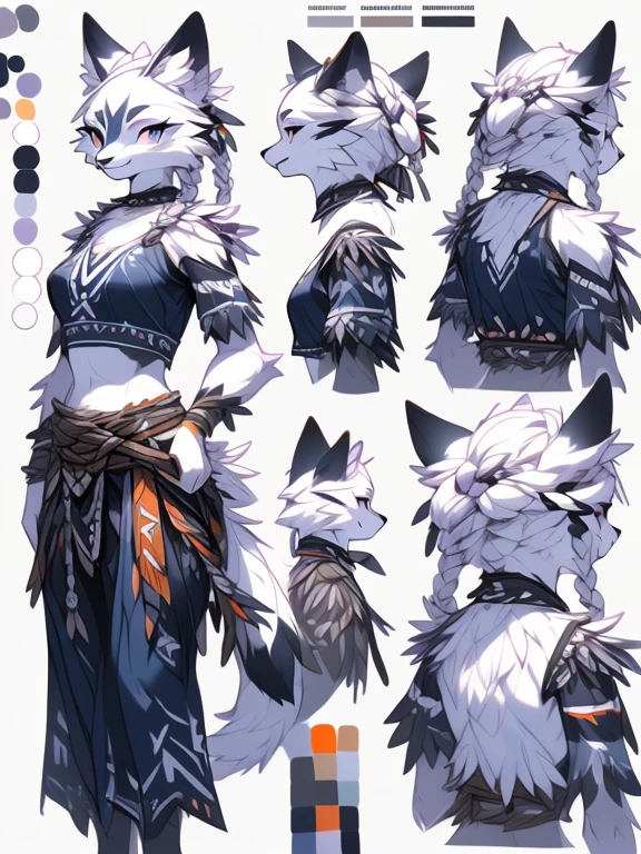 ( Absurdly , High quality , ultra detailed ) ,( hand detailed ) , 1girl, solo, mature, (concept art, character sheet), absurdres(highly detailed beautiful face and eyes)perfect anatomy Solo, sfw, Young Female white fox-cat (((lean-body))) (((big breasts))) (short snout),(((fur (black stripe) between neck and shoulder towards chest))) ((fur (black stripes) on waist))(ears are darker), (heterochromia (orange, violet)), (cat tail (black at end)), (white hair (single-braided)), (fantasy adventure type clothing ((violet shirt (crop top))), (navy-blue belt) khaki pants)), happy ((looking at viewer)) ((Female wolf)) (detailed eyes) (clevedge, (collarbone, shoulders), (solo, (1girl)) ((((fluffy white fur)))) ((extremely detailed fur)) (violet crop top) ((hair in face)) (big braid), sfw, (thin long tail) (heterochromia) (extremely detailed eyes) joyful (((concept art, character sheet, (multiple views)))) ((adventure fantasy, snow tribal clothing)) (snow tribe clothing)