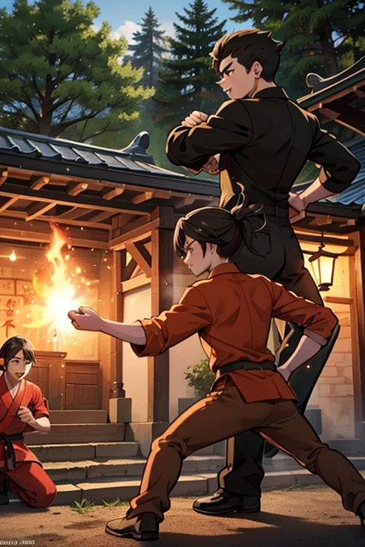 His burning hands withstand magical attacks with fireballs and lightning, A group of young people are attacking forest creatures similar to giant and disgusting ogres with a stick and swords., Young fighters are given tasks that require a lot of skill to complete., An outdoor martial arts arena is waiting for teenage fighters who have come from various countries around the world, A Large Group of Young Martial Arts Fighters Gathered in an Outdoor Courtyard Decked in Martial Arts Cultural Flags, bronze black gold statues are adorning the entire environment, young people are talking to each other. Ah on the scene teenage boys and girls. They are dressed in their respective clan uniforms..