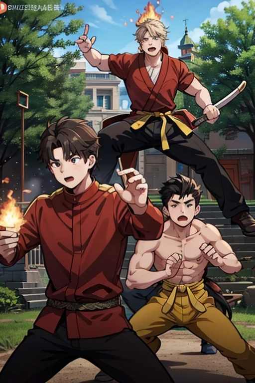 His burning hands withstand magical attacks with fireballs and lightning, A group of young people are attacking forest creatures similar to giant and disgusting ogres with a stick and swords., Young fighters are given tasks that require a lot of skill to complete., An outdoor martial arts arena is waiting for teenage fighters who have come from various countries around the world, A Large Group of Young Martial Arts Fighters Gathered in an Outdoor Courtyard Decked in Martial Arts Cultural Flags, bronze black gold statues are adorning the entire environment, young people are talking to each other. Ah on the scene teenage boys and girls. They are dressed in their respective clan uniforms..