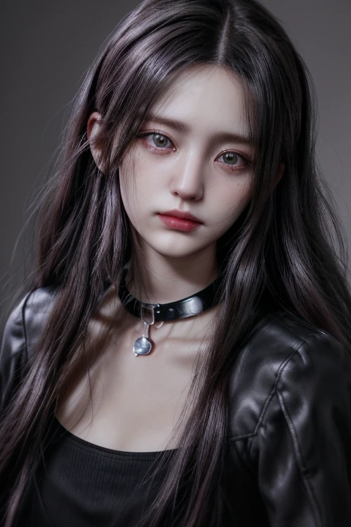 1girl,close up,potrait,black and pink long hair,hazel eyes,smirk,earings,collar,collar bone,grey cloth,medium bosom(HD,ULTRA HD,SUPER DETAIL,HDR,16K,UNREAL ENGINE)