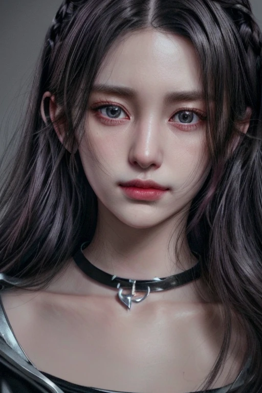 1girl,close up,potrait,black and pink long hair,hazel eyes,smirk,earings,collar,collar bone,grey cloth,medium bosom(HD,ULTRA HD,SUPER DETAIL,HDR,16K,UNREAL ENGINE)