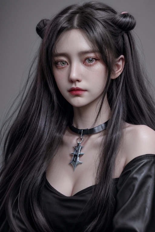 1girl,close up,potrait,black and pink long hair,hazel eyes,smirk,earings,collar,collar bone,grey cloth,medium bosom(HD,ULTRA HD,SUPER DETAIL,HDR,16K,UNREAL ENGINE)