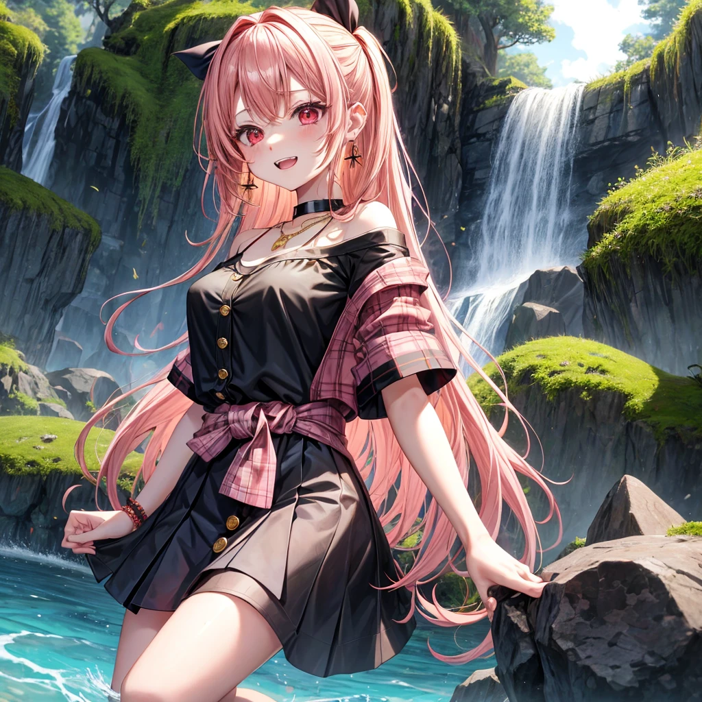 Pink gold golden hair、Red eyes、One good looking girl、solo、anime、Checkered mini skirt、The skirt has buttons、Black camisole、Black T-shirt、hoodie、Wearing a ribbon、Ribbon on waist、Crystal Earrings、Gemstone Necklace、Light and shadow、Tilting face、Teeth are visible、waterfall、Torrent、tunnel、Sunset sky、moss、isolated island、Hell&#39;s Gate、Blue flame