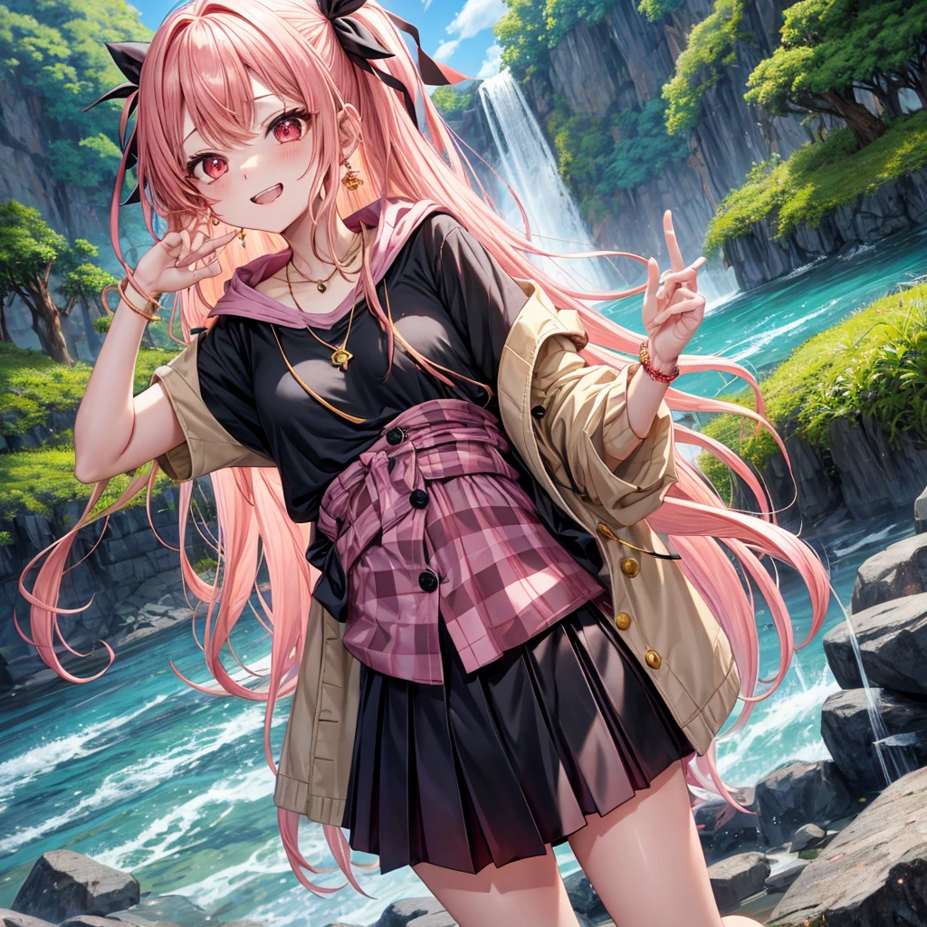 Pink gold golden hair、Red eyes、One good looking girl、solo、anime、Checkered mini skirt、The skirt has buttons、Black camisole、Black T-shirt、hoodie、Wearing a ribbon、Ribbon on waist、Crystal Earrings、Gemstone Necklace、Light and shadow、Tilting face、Teeth are visible、waterfall、Torrent、tunnel、Sunset sky、moss、isolated island、Hell's Gate、Blue flame