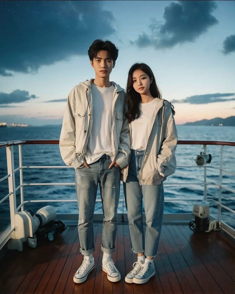 wide shoot angle, foto seorang laki laki muda korea rambut pendek rapi, disampingnya berdiri seorang wanita muda korea, keduanya memakai kaus putih bagian dalam dan jaket bagian luar, celana jeans, sepatu converse, suasana bahagia, berdiri di atas kapal titanic, melihat ke arah kamera, latar belakang langit senja dilautan.
