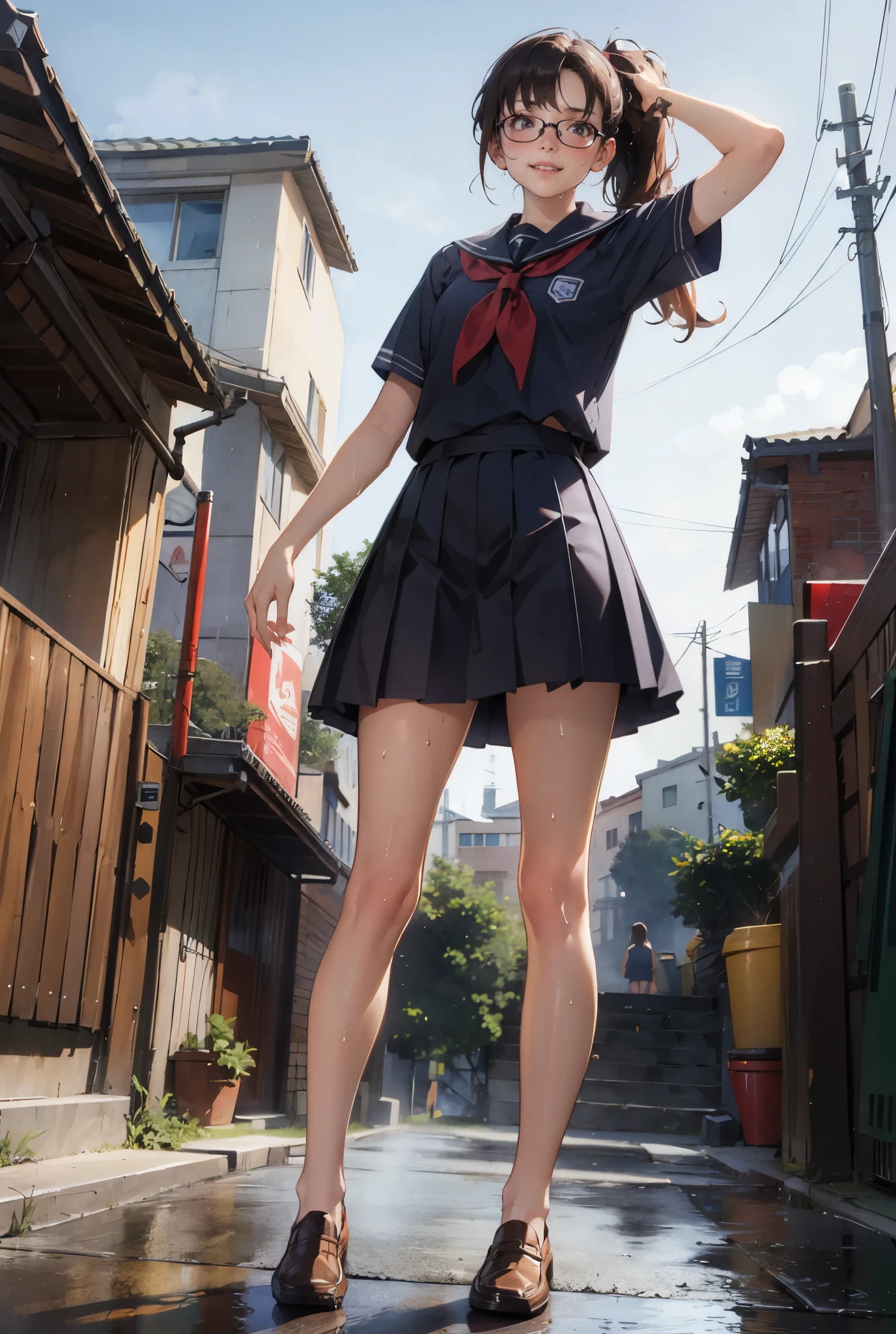 (super flat, flat shading), Honors Type, Really blushing, , high school girl, wearing short sleeves school uniform:1.5, Loafer, ponytail brown hair, Glasses, sweaty healthy body, sweaty soaking wet full body, smile, bare legs, armpit, ultra realistic, early morning, breeze, (standing:1.2), (from below:1.5), in crowded public street, 